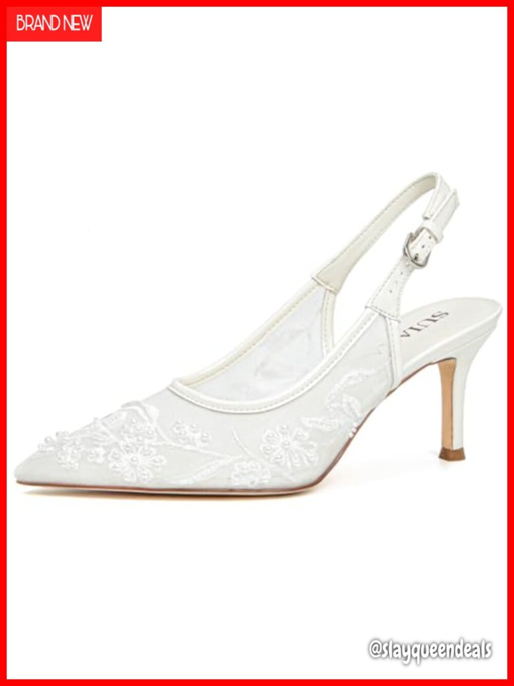Womens Lace Mesh Slingback Kitten Heel Wedding Pumps Pointed Toe Bridal Shoes